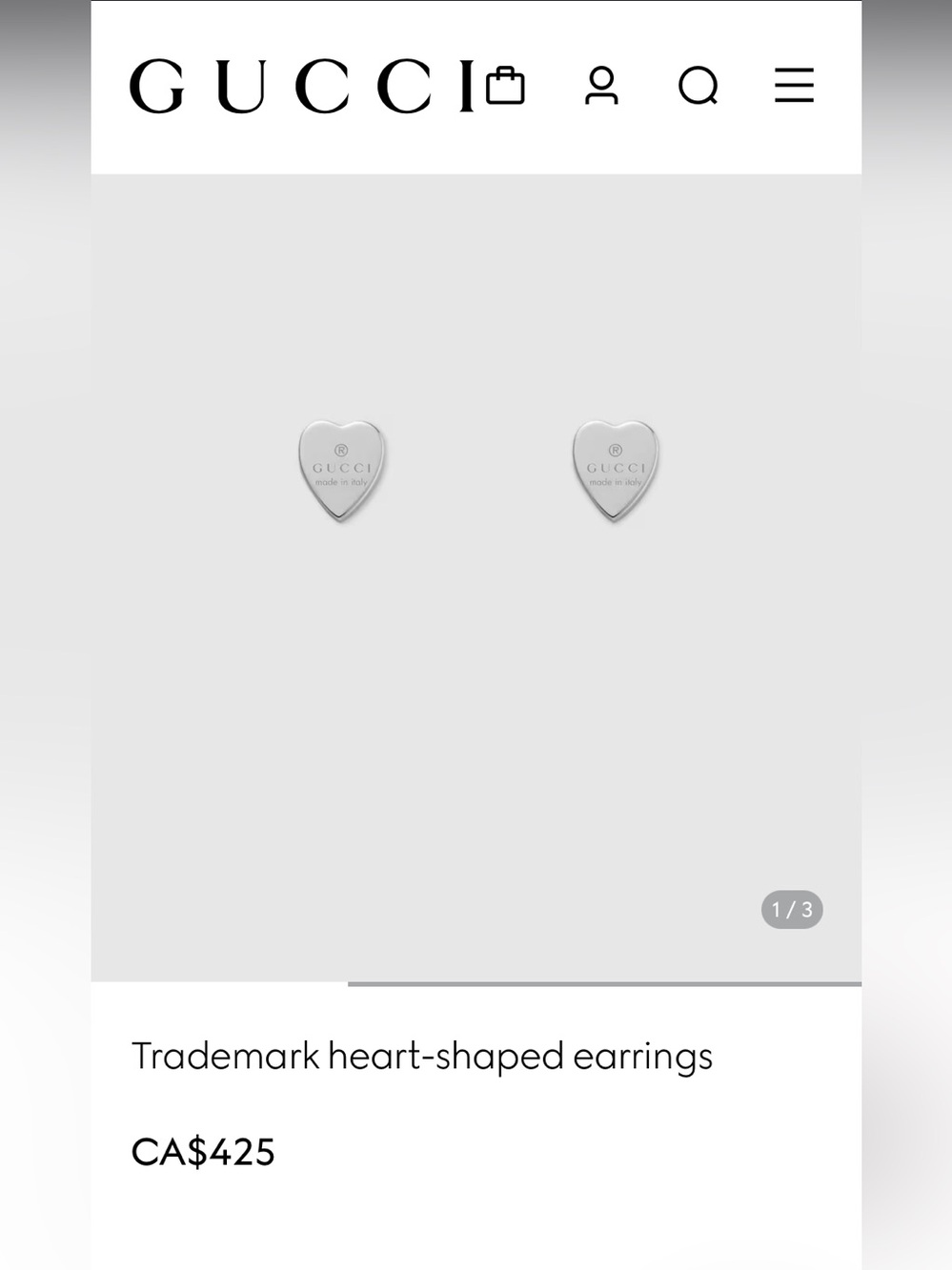 Gucci Trademark Heart Stud Earrings Sterling Silver 925 Made in Italy w/ Box